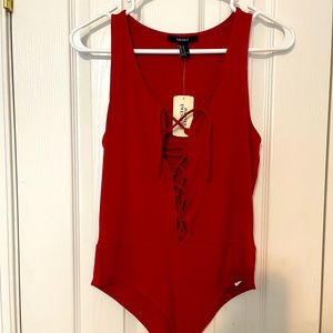 F21 red body suit with lace up detail